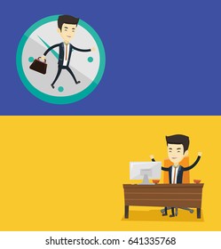 Two business banners with space for text. Vector flat design. Horizontal layout. Asian successful business man celebrating at workplace. Young successful businessman celebrating business success.