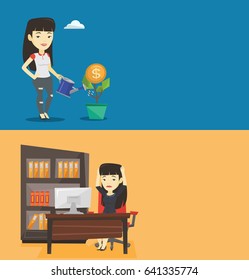 Dos banners comerciales con espacio para el texto. Diseño plano vectorial. Diseño horizontal. Una empresaria asiática sobrecargada de trabajo siente estrés por el trabajo. Empleados estresados sentados en el lugar de trabajo. Concepto de estrés en el trabajo