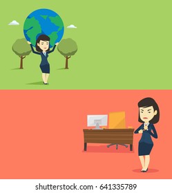 Two business banners with space for text. Vector flat design. Horizontal layout. Angry employer pointing at time on wrist watch. Young asian employer checking time of coming of her latecomer employee.