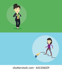 Dos banners comerciales con espacio para el texto. Diseño plano vectorial. Diseño horizontal. Mujer de negocios sobornando en el bolsillo. Mujer de negocios escondiendo soborno en el bolsillo de la chaqueta. Concepto de soborno y corrupción.