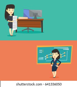 Two business banners with space for text. Vector flat design. Horizontal layout. Young asian business woman standing in office with long bill in hands. Disappointed business woman holding long bill.