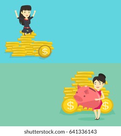 Dos banners comerciales con espacio para el texto. Diseño plano vectorial. Diseño horizontal. Mujer de negocios asiática con un banco de cerdo. Mujer de negocios sosteniendo un banco de cerdos. Joven empresaria ahorrando dinero en un banco de cerdos