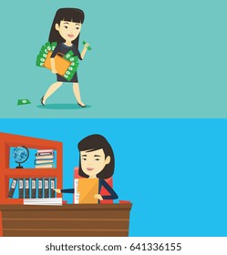 Two business banners with space for text. Vector flat design. Horizontal layout. Asian female office worker working with documents. Young office worker sitting at the table and inspecting documents.