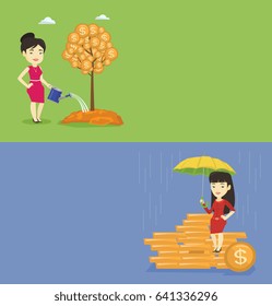 Dos banners comerciales con espacio para el texto. Diseño plano vectorial. Diseño horizontal. Mujer regando árbol financiero. Mujer empresaria invirtiendo en seguridad financiera. Mujer empresaria cuidando de las finanzas.