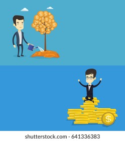 Dos banners comerciales con espacio para el texto. Diseño plano vectorial. Diseño horizontal. Hombre de negocios asiático sentado en un montón de monedas de oro. hombre de negocios sentado en un montón de monedas de oro con las manos levantadas.