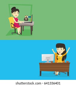 Two business banners with space for text. Vector flat design. Horizontal layout. Asian business woman working in office and bag of money coming out of laptop. Woman earning money from online business.