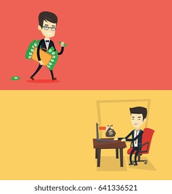 Zwei Business-Banner mit Platz für Text. Vektorflachdesign. Horizontales Layout. Asiatischer Geschäftsmann, der Wirtschaftsverbrechen begeht. Glücklicher Geschäftsmann, der Geld gestohlen hat. Konzept der Bestechung und Wirtschaftskriminalität.