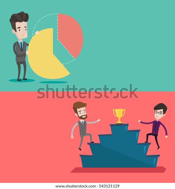 Two business banners with space for text. Vector\
flat design. Horizontal layout. Businessman taking his share of pie\
chart. Man getting his share of profit. Businessman dividing in\
parts pie chart.