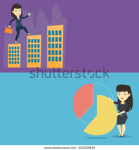 Two business banners with space for text. Vector\
flat design. Horizontal layout. Business woman taking share of pie\
chart. Woman getting his share of profit. Business woman dividing\
in parts pie chart