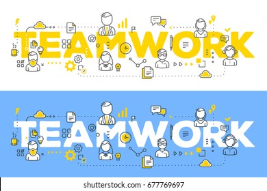 Two business banners of vector creative illustration of business team line art style. People, icons, team word typography on white and blue background. Office staff teamwork. Stylish word team design