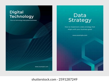 Two business brochures: 'Digital Technology' and 'Data Strategy'. Both feature abstract designs with blue tones, focusing on technology and datas. Digital business and big data template vector set.