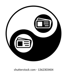 Two business, calling, visiting cards. Vector. Black and white icon inside circles of yin and yang symbol at white background.
