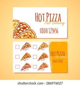 Two business card template for Pizza Delivery or Pizzerias. Vector clip art illustration