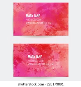 Two business card templates with vector pink textured background. 