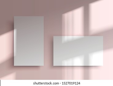 Two business cards. Mockup of Overlay shadow from the window. Natural light shadow over the top. Realistic vector illustration. An abstract scene with a pink background in a minimalist style.