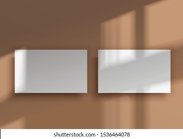 Two business cards. Mockup of Overlay shadow from the window. Natural shade from above. Realistic vector illustration. An abstract scene with a brown background in a minimalist style.