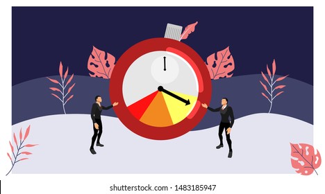 the two business characters are currently showing the timer display symbol of the work time limit. vector deadline theme with summer style. eps10 vector