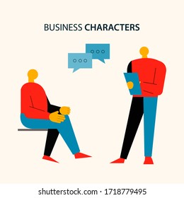 two business characters talking about something flat vector style, people talking vector