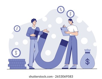 Two business characters using a large magnet to attract coins and cash, modern flat graphic style, abstract dotted background, concept of customer acquisition. Vector illustration
