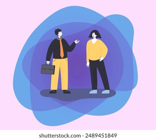 Dos colegas de negocios hablando de Ilustración vectorial. Concepto de negocio, equipo, comunicación y conversación. Hombre con maletín consultando mujer, respondiendo sus preguntas