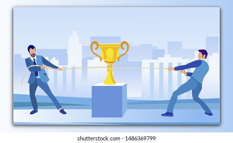 Two Business Competitors, Dressed in Suits, Trying Hard to Win Golden Champion Cup Over to One’s Side, with Help of Rope, Competing For Top Result, Against Cityscape Background with Business Quarter