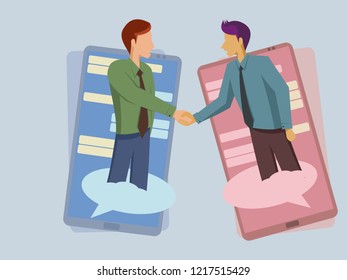 Two business executives shake hands white transacting through mobile phone
