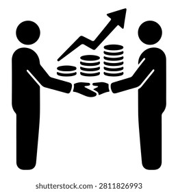Two business figures exchanging cash with upward trending arrow and coins symbolizing financial success and investment growth.