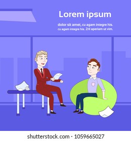 Dos Entrevistas Empresariales Para El Puesto De Vacante Empresario Hr Manager Y Empleado A Través De Silhouette Moderno Office Background Con Espacio De Copia
