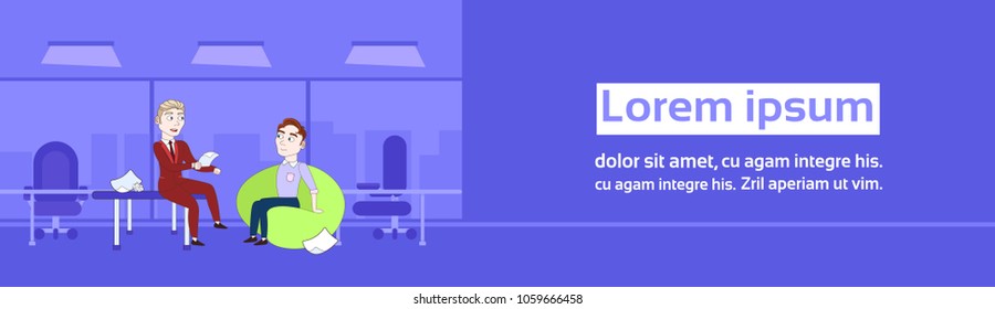 Two Business Interview For Vacancy Job Position Businessman Hr Manager And Employee Over Silhouette Modern Office Background Horizontal Banner