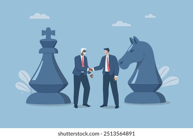 Two business leader shaking hands with big chess piece, Collaborative strategies for mutual success, Business agreements and negotiation skills, Planning for important collaborations with company.
