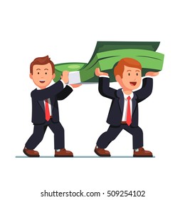 Two business man carrying huge money bundle. Businessman walking with dollar banknotes cash. Flat style vector illustration isolated on white background.