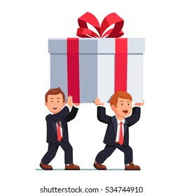 Two Business Man Carrying Huge White Holiday Gift Box Decorated With Red Ribbon Bow Over Their Heads. Flat Style Isolated Vector Illustration.  