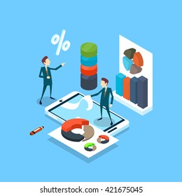 Two Business Man Cell Smart Phone Finance Pie Diagram Infographic Financial Businessman Graph 3d Isometric Vector Illustration