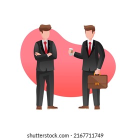 Two business man character have a coversations while hold a coffee in flat design style. Dressed in Tuxedo. Vector illustration.