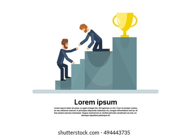 Two Business Man Climb Stairs Podium Golden Cup Successful Team Teamwork Concept Flat Vector Illustration