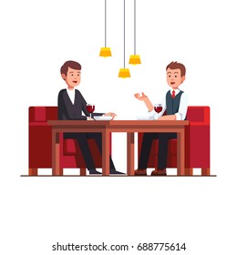 Two Business Man Eating Lunch At Restaurant. Businessman Talking With Potential Client At Cafe Discussing A Deal. Rich Friends Relaxing And Drinking Wine. Flat Cartoon Vector Isolated Illustration.