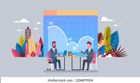 two business man economic graph working together financial analytics interview sit at office desk , businessman finance concept flat vector illustration