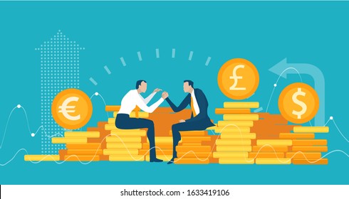 Two business man fighting with Arm wrestling. Business people sitting on pile of golden coins and negotiating the deal. Business concept illustration