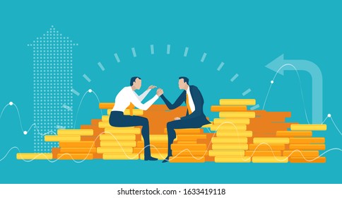 Two business man fighting with Arm wrestling. Business people sitting on pile of golden coins and negotiating the deal. Business concept illustration