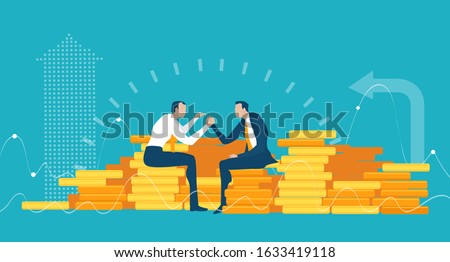 Two business man fighting with Arm wrestling. Business people sitting on pile of golden coins and negotiating the deal. Business concept illustration