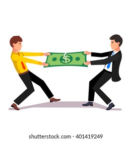 Two business man fighting over a market income share tearing big dollar apart. Flat style vector illustration.