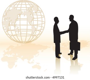 Two business man hand shaking with a globe in the background.
