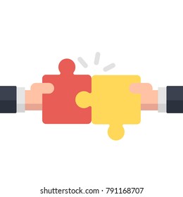 Two business man hands connecting two color jigsaw puzzle pieces . Business concept. Cooperation and success concept. Teamwork. Vector illustration isolated on white background
