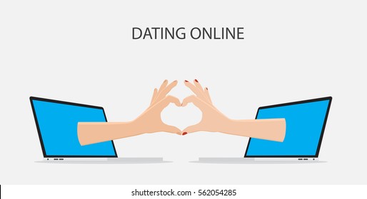 two business man hands making heart sign. Love, romantic relationship concept. Isolated vector illustration flat style,valentine,across with laptop,social media friend.