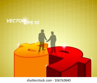 two business man handshake and standing on money sign