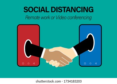 Two business man handshake for Work from home concept and Keep Social distancing with mobile video conference call protect from Coronavirus (COVID-19). Vector illustration flat design.