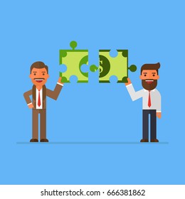 two business man holding puzzle block money