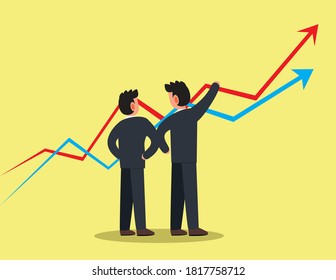 a two business man are looking at the graph while analyzing on a successful business