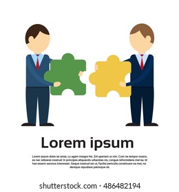 Two Business Man Match Puzzle Parts, Teamwork Success Flat Vector Illustration