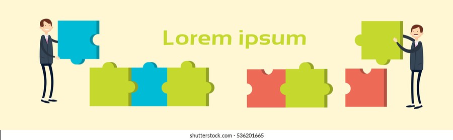 Two Business Man Match Puzzle Parts, Teamwork Success Flat Vector Illustration